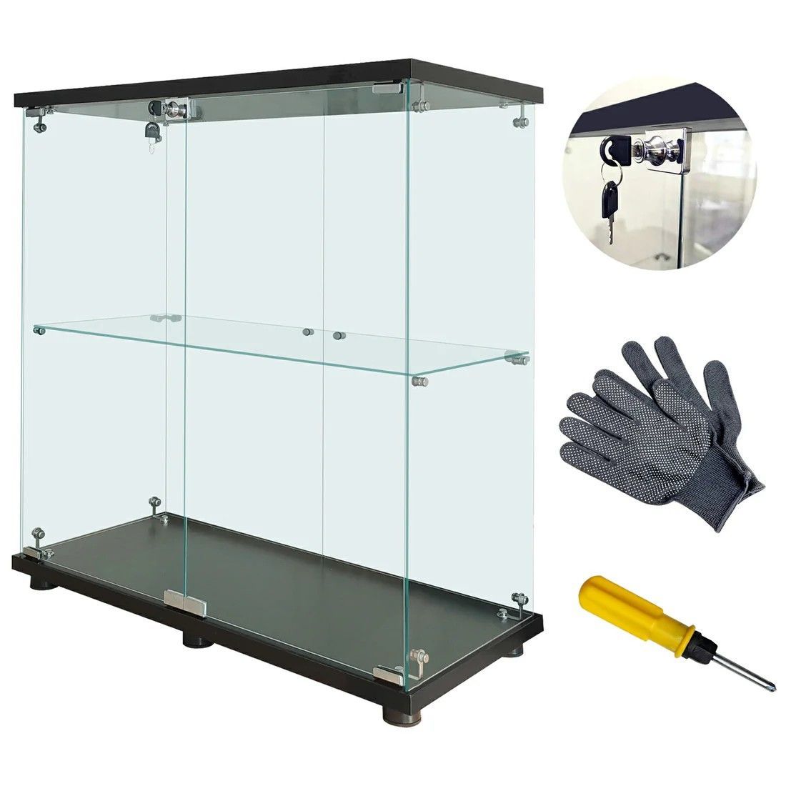 1998 両扉 強化 ガラス ケース 2段 ブラック 鍵付き 豆脚付き 転倒防止器具付き フィギュア プラモデル プラモ 鑑賞 展示 自宅 店舗 ディスプレイ 付属品 一部地域離島別途配送料有