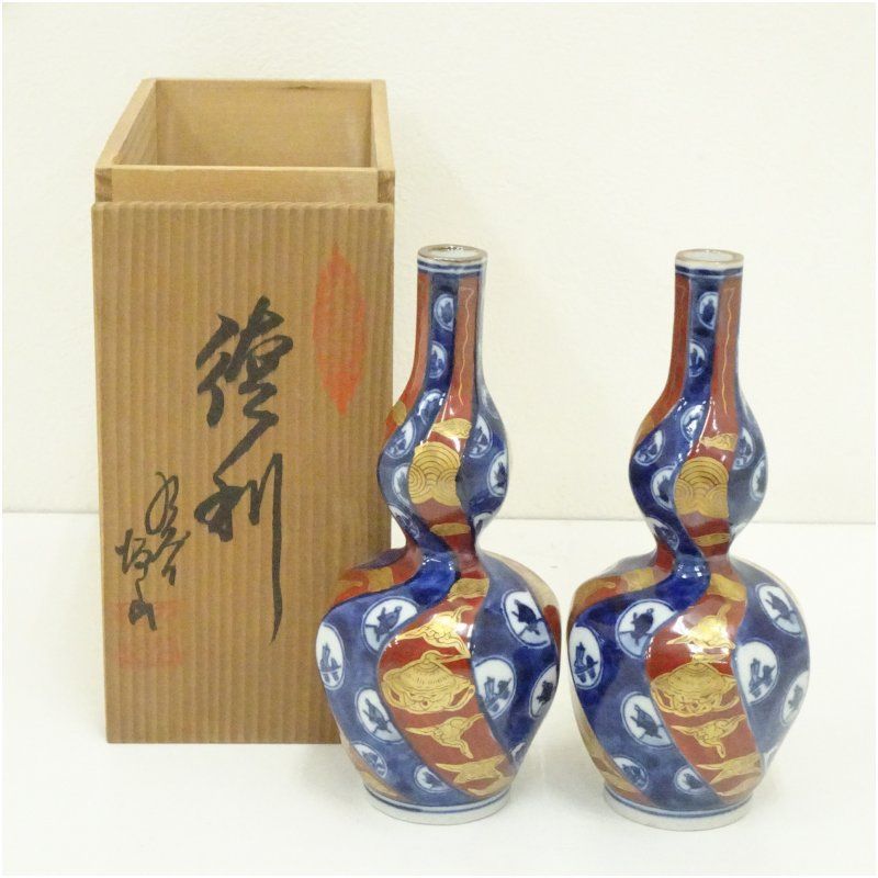 九谷焼 坂山造 染付金彩捻文瓢徳利一対（共箱） 酒器 おしゃれ