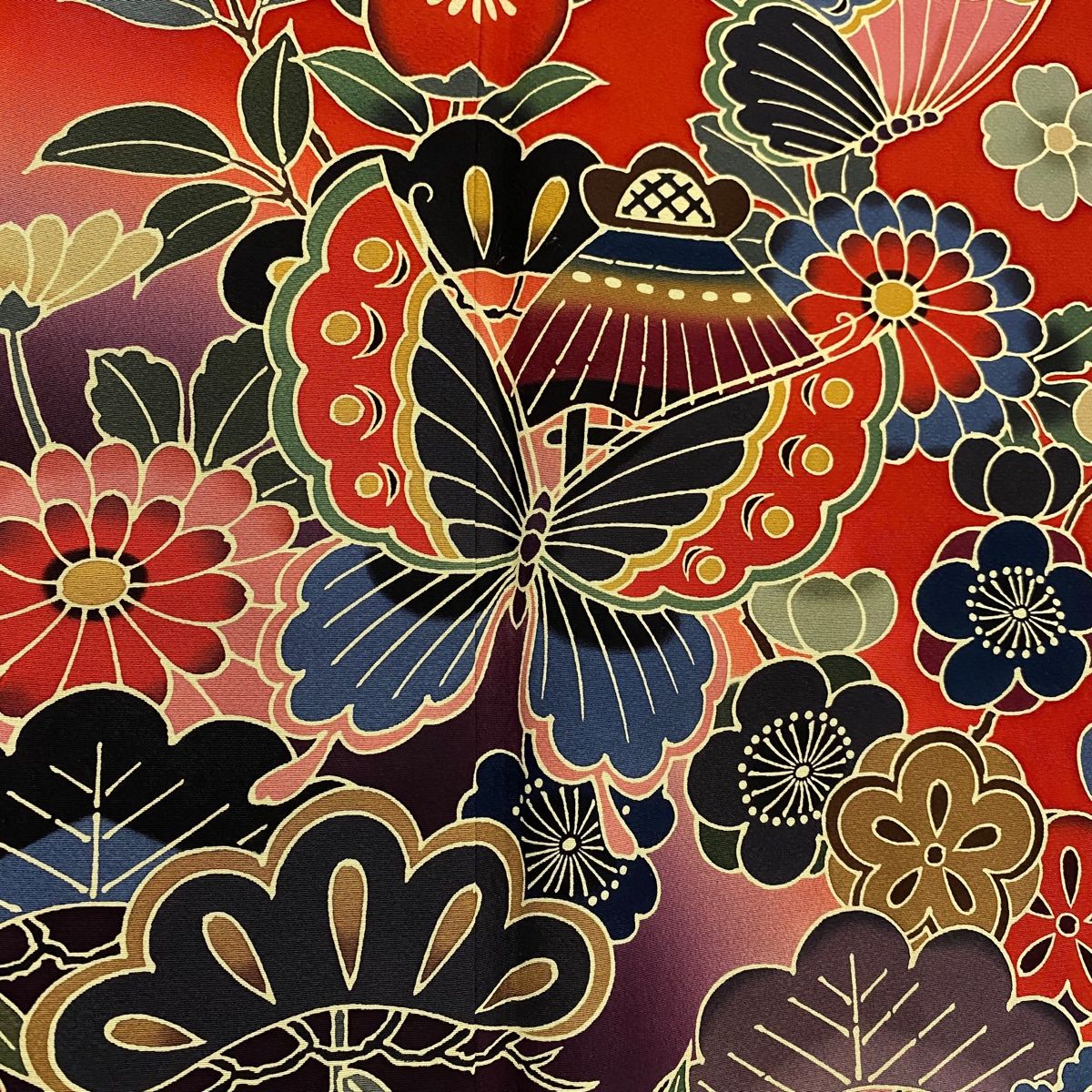 振袖 京紅型染め【宮崎良次】宮崎紅型 正絹 花蝶 赤色 黒色  振袖