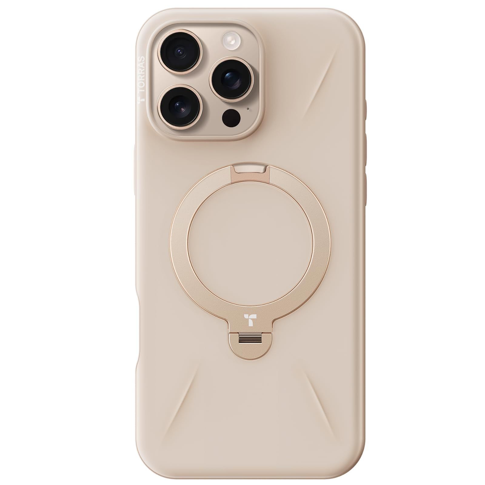 新型ゼンマイ式 ミルクティー TORRAS iPhone 16 Pro 用 ケース ゼンマイ式スタンド縦横両対応 リング マグネット搭載 MagSafe対応 ワイヤレス充電対応 米軍規格耐衝撃 指紋防止 黄変防止 マグセーフ対応 6.3インチ Osta