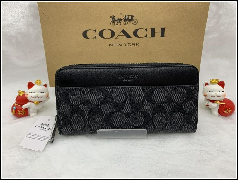 COACH 長財布 コーチ 財布 チャコール×ブラック シグネチャー プレゼント 贈り物 ギフト ウォレット ラウンドファスナー ロング ジップ ファッション メンズ ブランド 大容量 記念日 誕生日 新品 未使用 F75000 C190Z-7