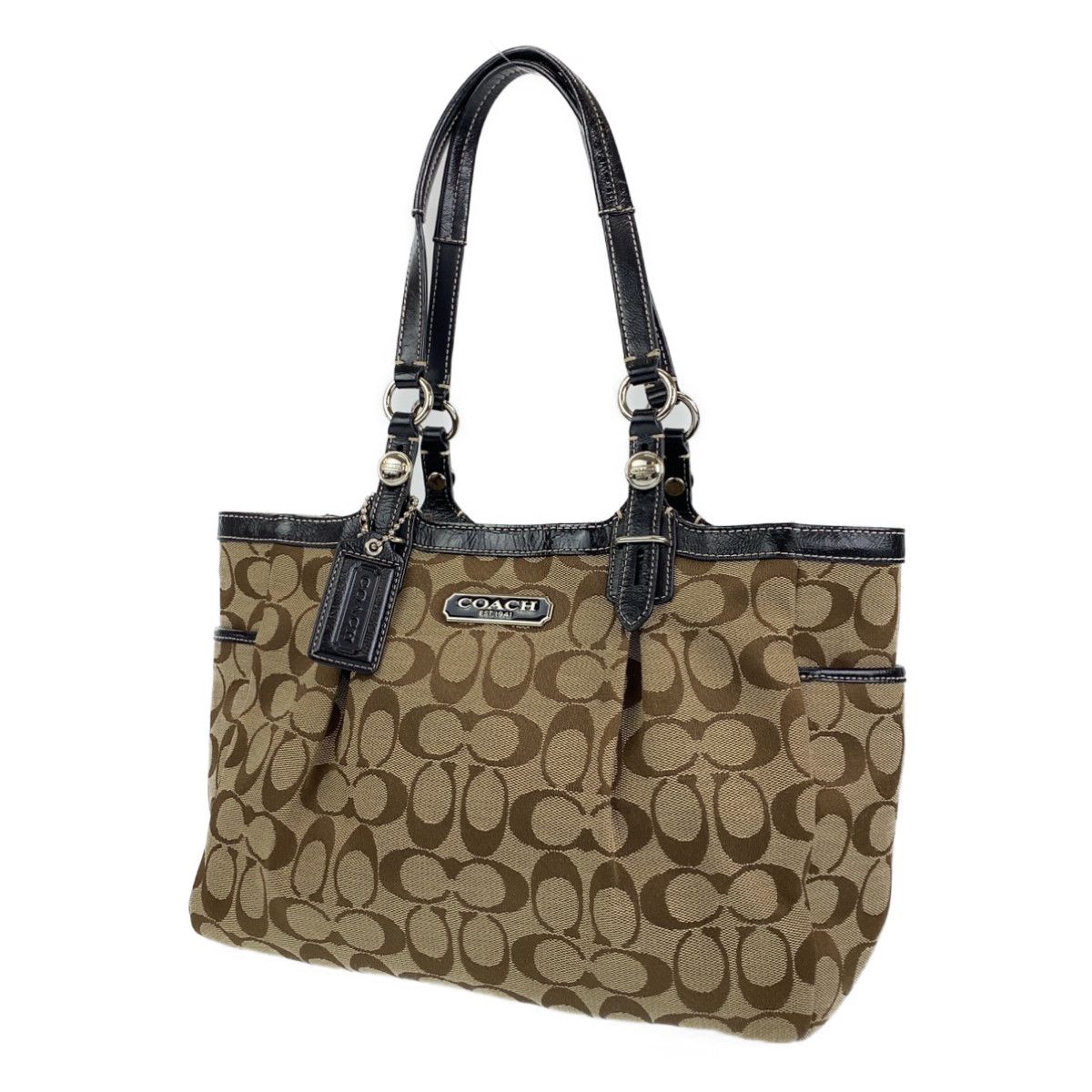 美品　コーチ　トートバッグ　肩掛け　キャンバス　シグネチャー　ラメ　ブラウン COACH コーチ トートバッグ 肩掛け キャンバス×レザー