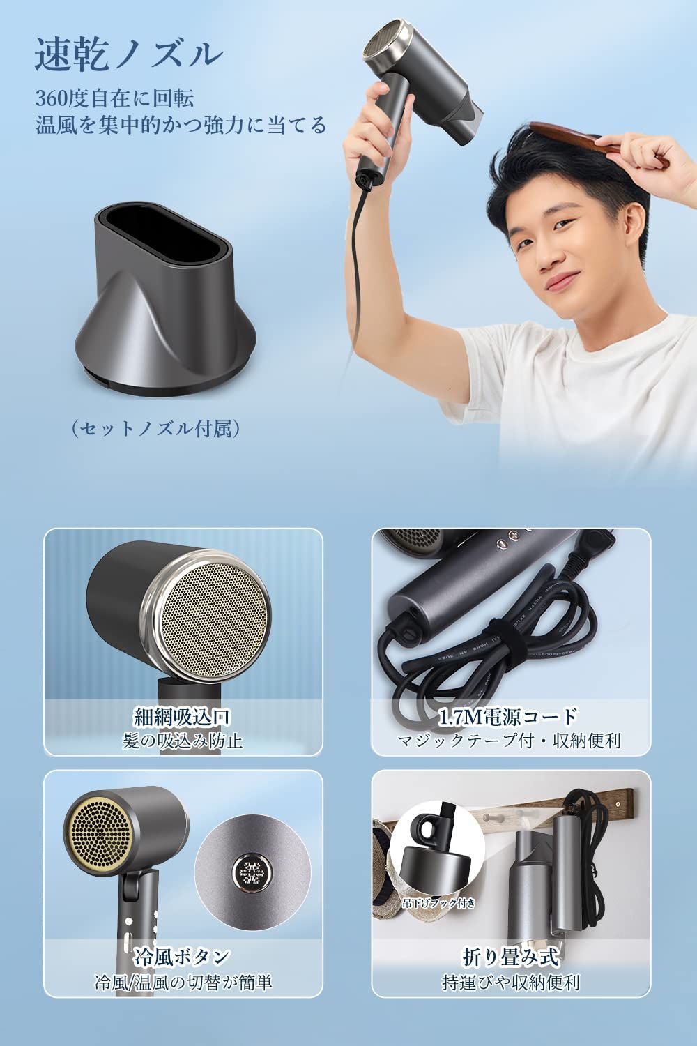 期間限定‼️【新品未使用】2022革新モデル ドライヤー 1500W大風量 ヘアドライヤー【無段階風温風量調節 2000万マイナスイオン LED