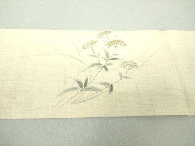 平和屋着物＊夏物　九寸名古屋帯　生紬　手描き　秋草文　正絹　逸品　DAAU5960ps 平和屋着物＊夏物 九寸名古屋帯 生紬 手描き 秋草文 正絹 逸品 DAAU5960ps