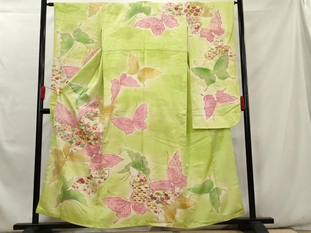豪華振袖 金通し 駒刺繍 チューリップ 花文 暈し染め　クリーム色　正絹 平和屋着物□豪華振袖 駒刺繍 舞蝶文 暈し染め 金彩 正絹 逸品