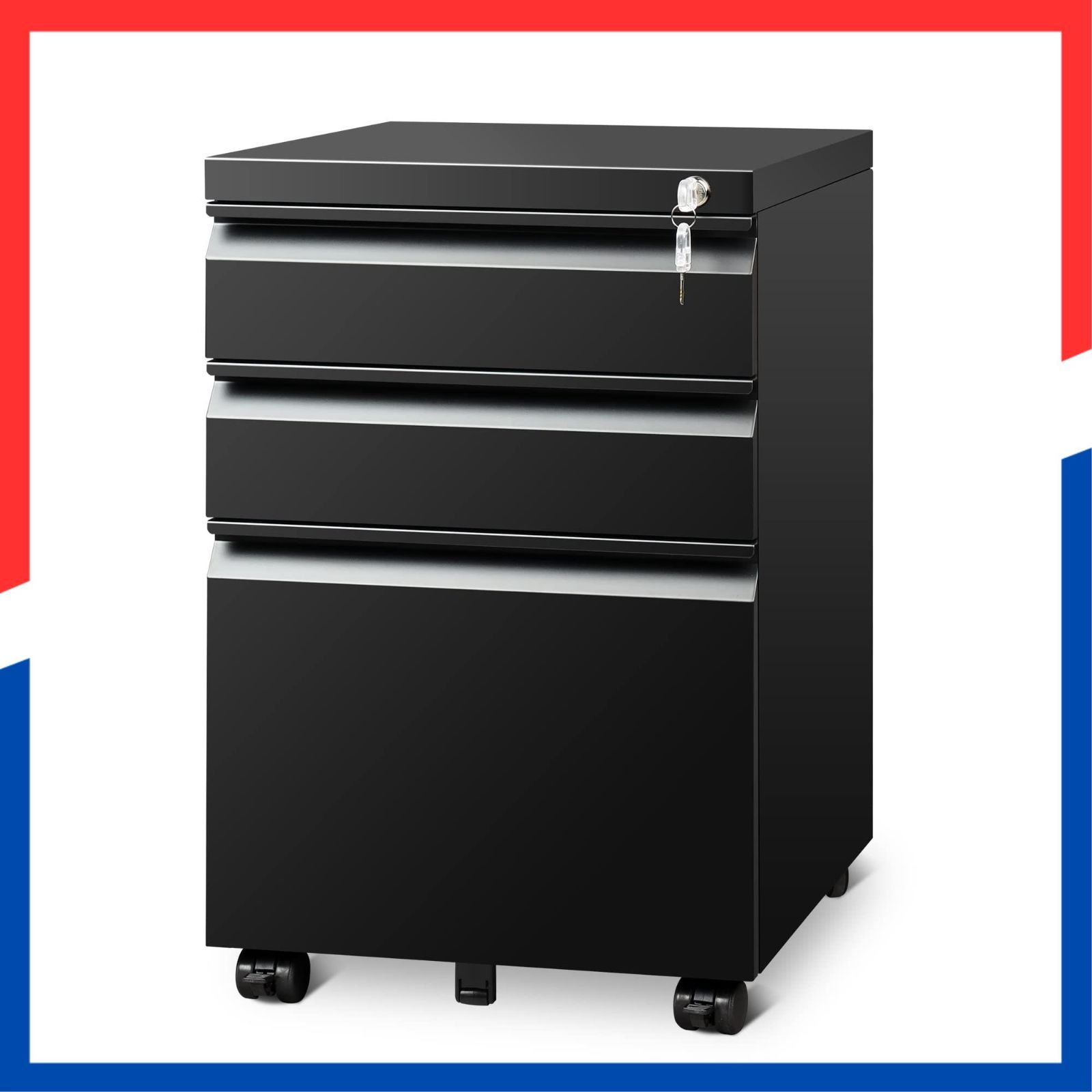 数量 3段オールロック 鍵付き 大容量 キャスター付き A4対応 袖机 幅390*奥行480*高さ600mm オフィスワゴン キャビネット 丈夫なスチール製 サイドワゴン サビ止め塗装 デスクワゴン ブラック DEVAISE