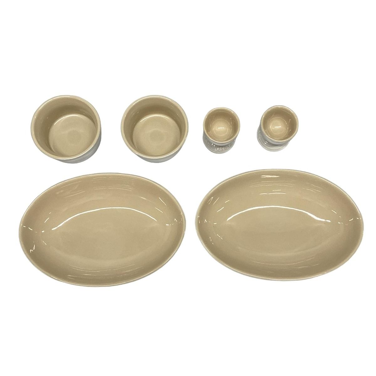 LE CREUSET ルクルーゼ 食器 - ベージュ×アイボリー オーバル ボール２個 ラムカンL２個 エッグ スタンド２個セット