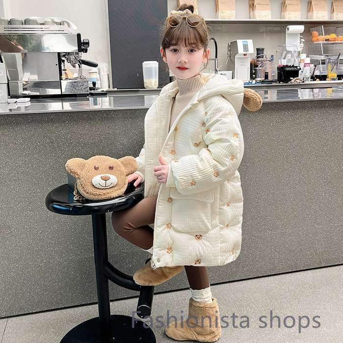 【新品未使用】中綿コート キッズ 女の子 ガールズ 子供服 子供コート アウター クマ キッズコート ロング丈 厚手 ダウン風コート フード付き 秋冬 冬服 暖かい 防寒 防風 秋冬 可愛い 通園 