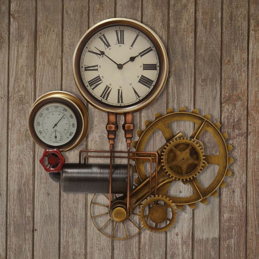 Steampunk ウォールクロック ホワイト スチームパンク 掛け時計 スチーム管 スチームメーター