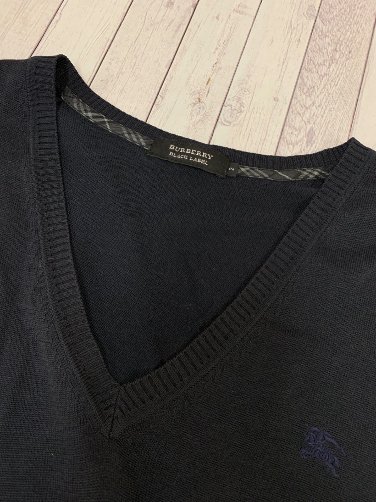 ☆BURBERRY BLACK LABEL バーバリー ブラックレーベル ニットベスト サイズ2 シルク コットン 薄手 Vネック ロゴ刺繍 D1N14-150-29 黒 メンズ MK891