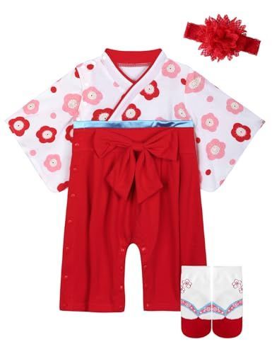 80_レッド1 [SHELISTEN] 袴 ロンパース ベビー服 女の子 100日祝い お食い初め お宮参り(レッド1， 80)