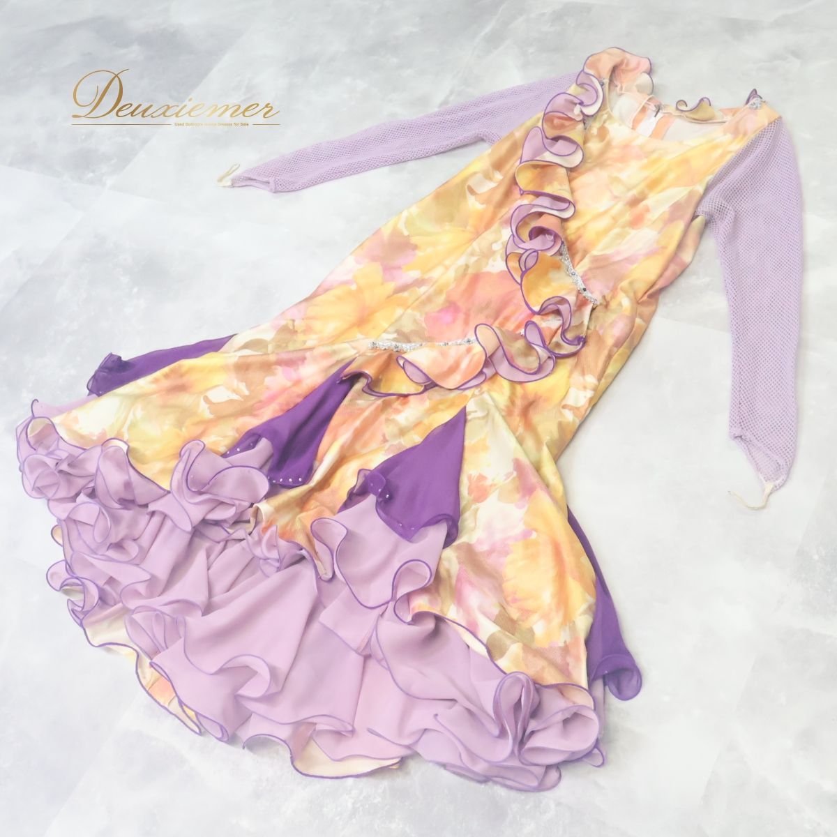 【社交ダンス衣装】オレンジ ワンピース ドレス パープル 紫 花柄 フリル レース パーティ 発表会 ラベンダー 社交ダンス衣装】オレンジ ワンピース ドレス パープル 紫 花柄