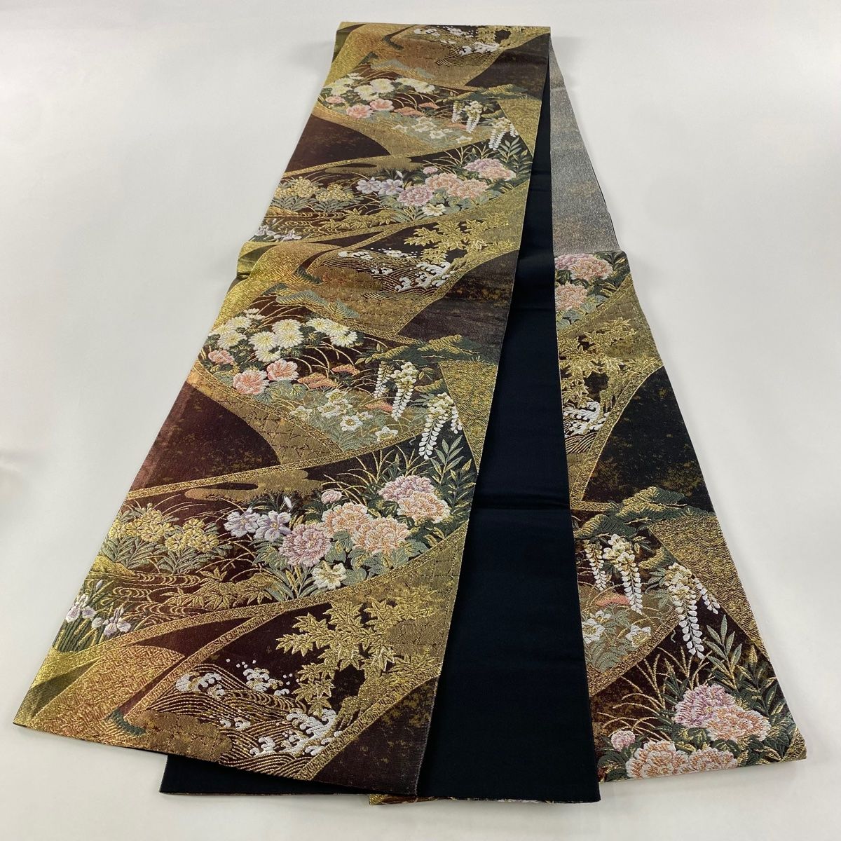 袋帯 美品 秀品 草花 鶴 金糸 刺繍 金色 六通 正絹 袋帯 秀品