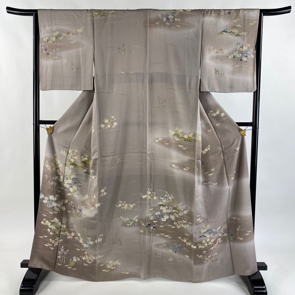 訪問着 身丈164.5cm 裄丈64.5cm M 袷 千總 落款 秋草 松竹梅 刺繍 ぼかし 灰茶 正絹 名品