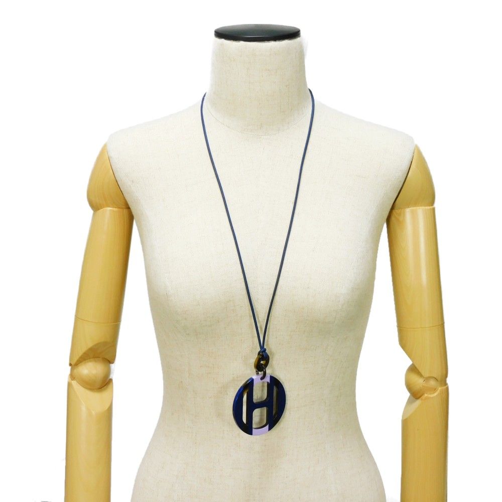 現行品 HERMES Hエキップ ネックレス バッファローホーン ネイビー