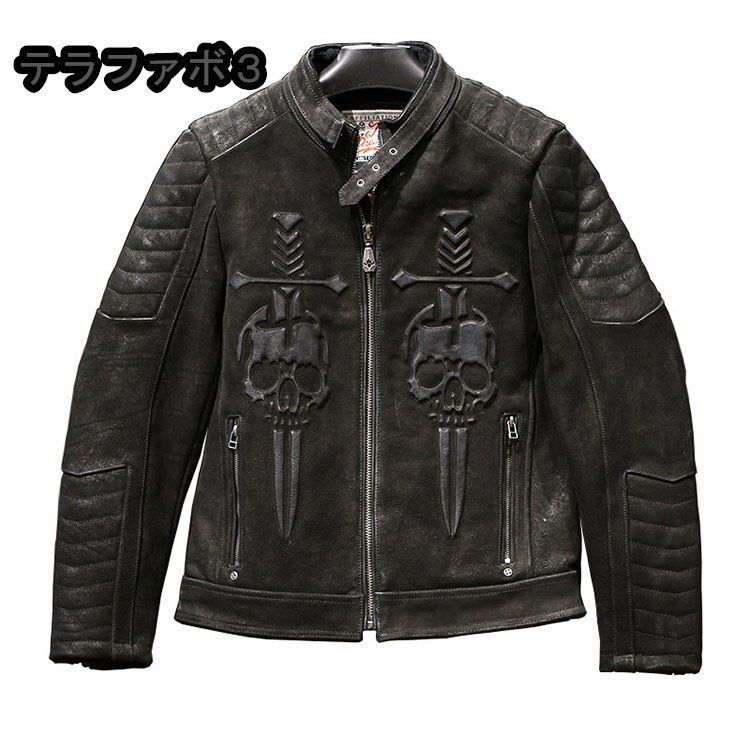 メンズ4XL☆ブラックスカル柄☆レザージャケット☆黒☆ドクロ☆本革