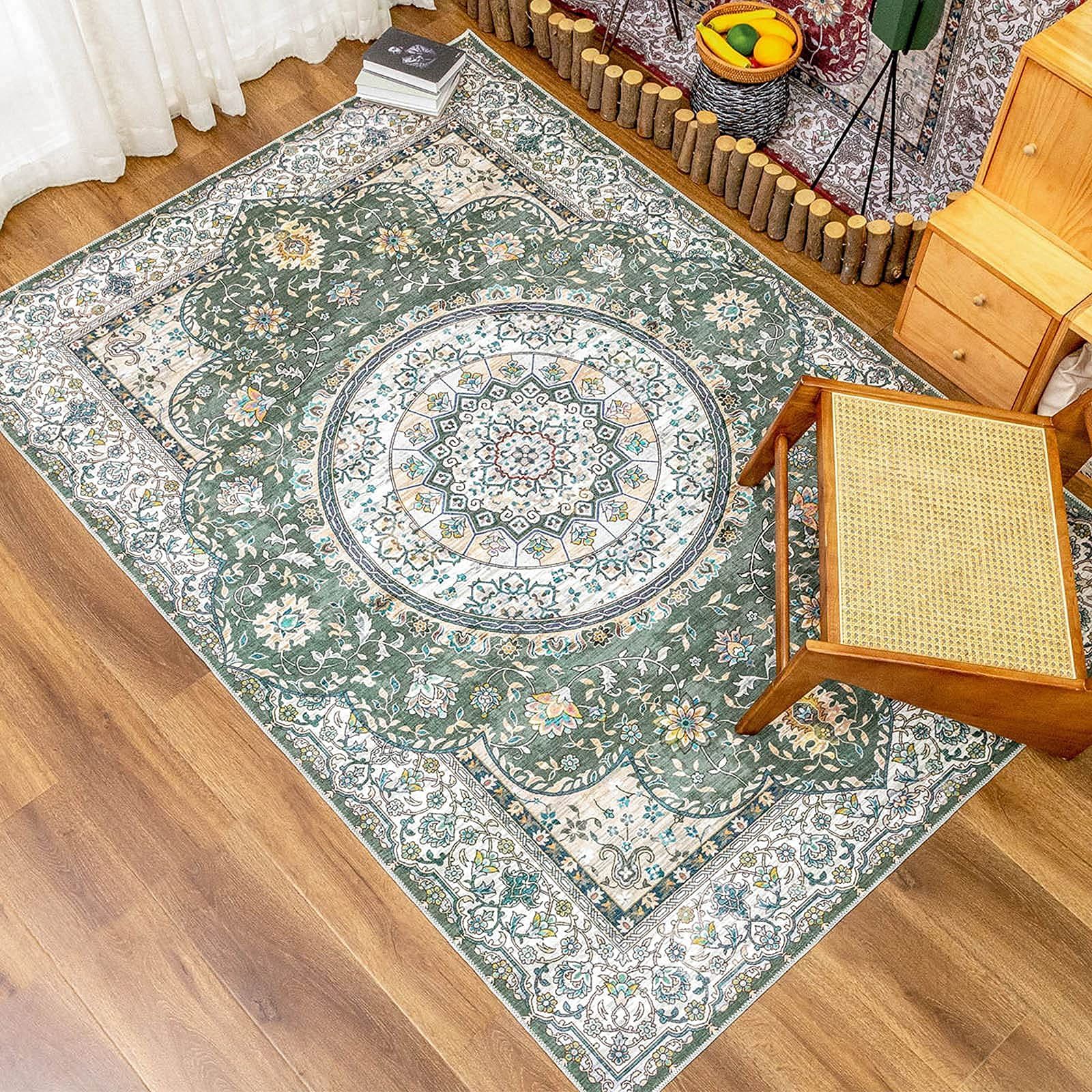 ペルシャ 絨毯風 3畳 ラグ マット 160X230CM 洗える 花柄 カーペット オールシーズン 軽量 滑り止め 防ダニ DECOMALL 防臭 グリーン 緑 床暖房対応 MARWIL-DEMENAGEMENTS_CH