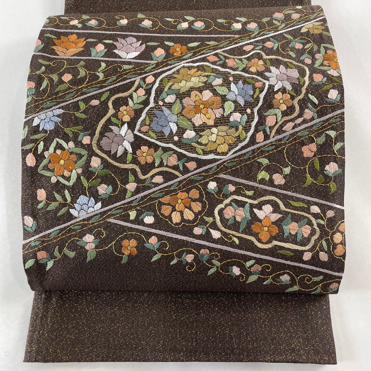 袋帯 名品 草花 刺繍 金通し 焦茶色 お太鼓柄 正絹