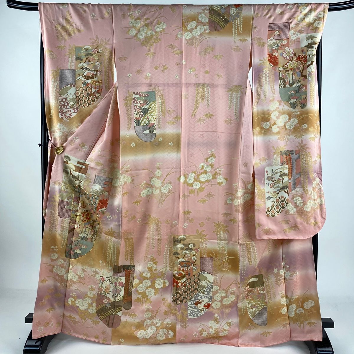 振袖 身丈166cm 裄丈67.5cm L 袷 吾妻徳穂 落款 誰が袖 草花 金糸 金彩 ピンク 正絹 名品