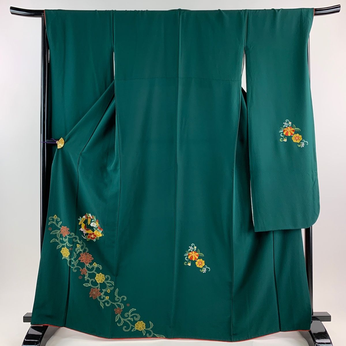 振袖 身丈165.5cm 裄丈67.5cm L 袷 蝶 花唐草 刺繍 金糸 深緑 正絹 美  