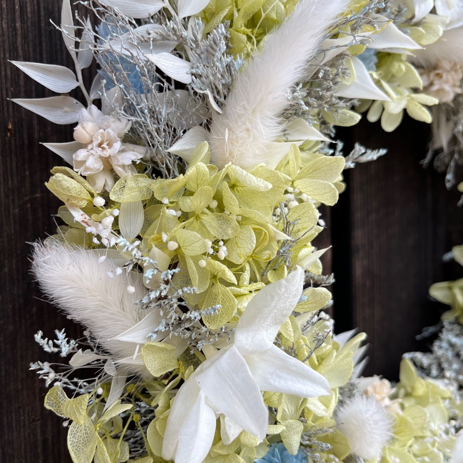 プリザーブドフラワー 爽やか リース 白グリーンにブルー