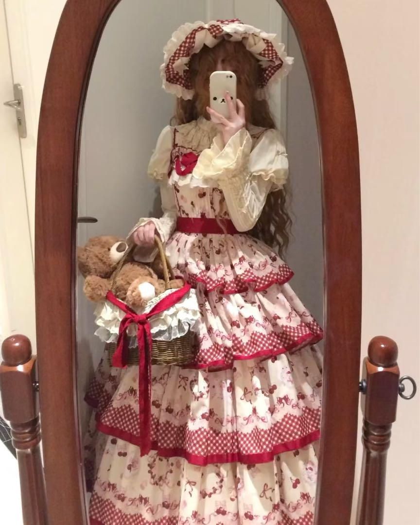 赤チェリー ロリータスカート jsk 春夏ロングワンピース 可愛い