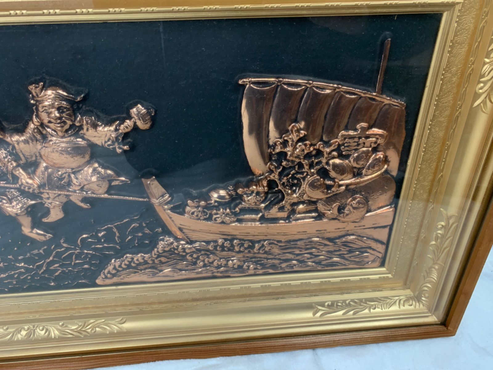 □送料無料□ 松庵 純金純銀鍍金製 黄金七福神 額 43cm×94cm