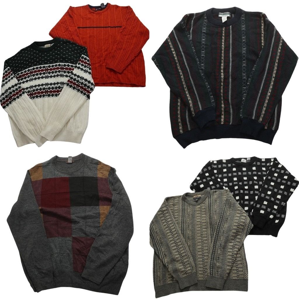 古着卸 まとめ売り 総柄 100％アクリル セーター 6枚セット (メンズ L /XL ) リブニット ライン系 ダークカラー クルーネック MX5599