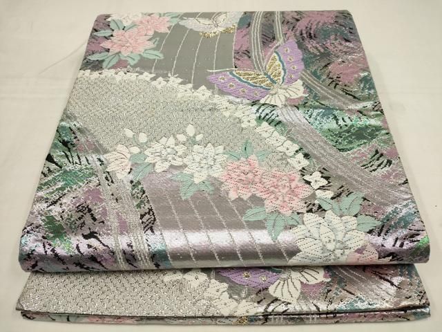 平和屋着物▽六通柄袋帯 花蝶文 黒地 金銀糸 正絹 逸品