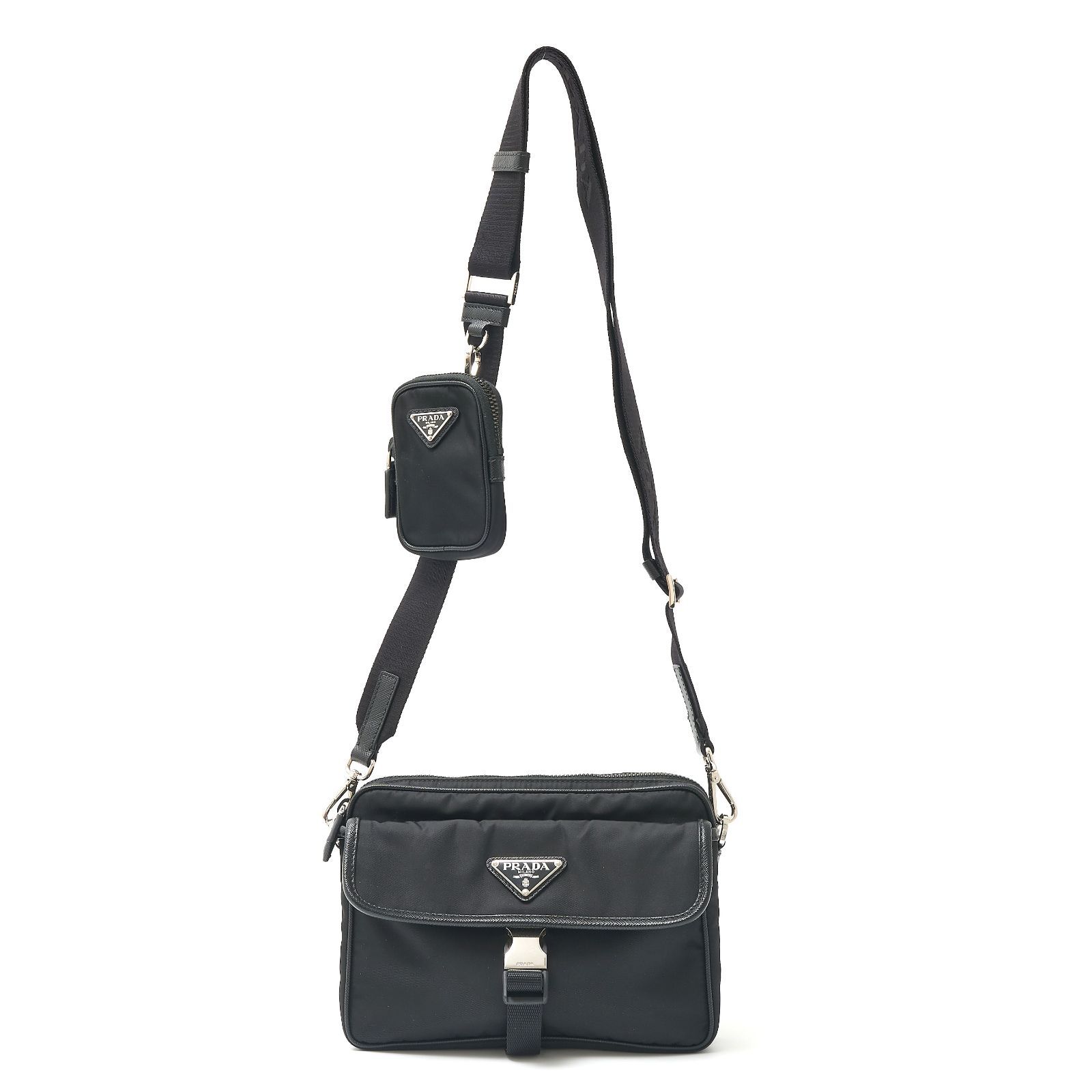 PRADA ブラック ナイロン レザー ストラップ PRADA プラダ ナイロン フォンポーチ レザーショルダー