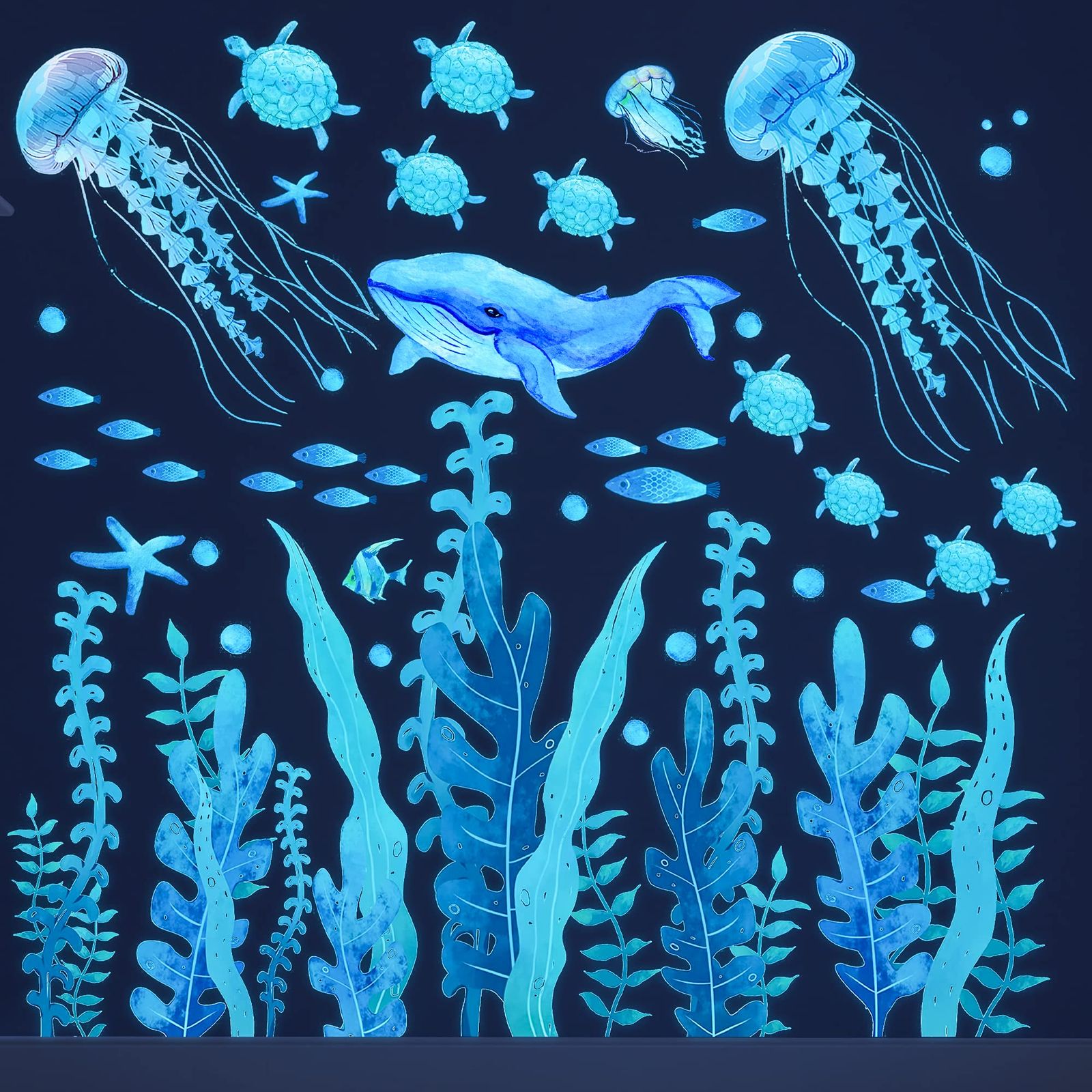 Under the Sea ウォールデカール 暗闇で光る海 ウォールデカール カラフルなウミガメ 海藻クラゲ ウォールステッカー 取り外し可能 海 世界テーマ ウォールデコ 幼児 男の子 女の子 寝室 バスル