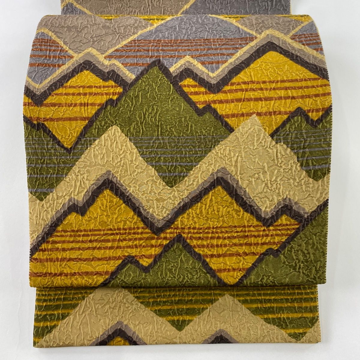 袋帯 秀品 幾何学模様 嶋 山吹茶色 全通 正絹