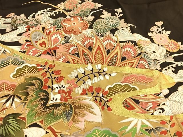 平和屋着物□豪華黒留袖 刺繍 流水更紗花文 金彩 正絹 逸品