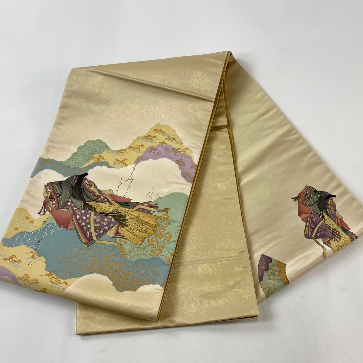 袋帯 名品 樽本伊勢蔵 落款 姫 和歌 箔 金銀彩 薄茶色 お太鼓柄 正絹