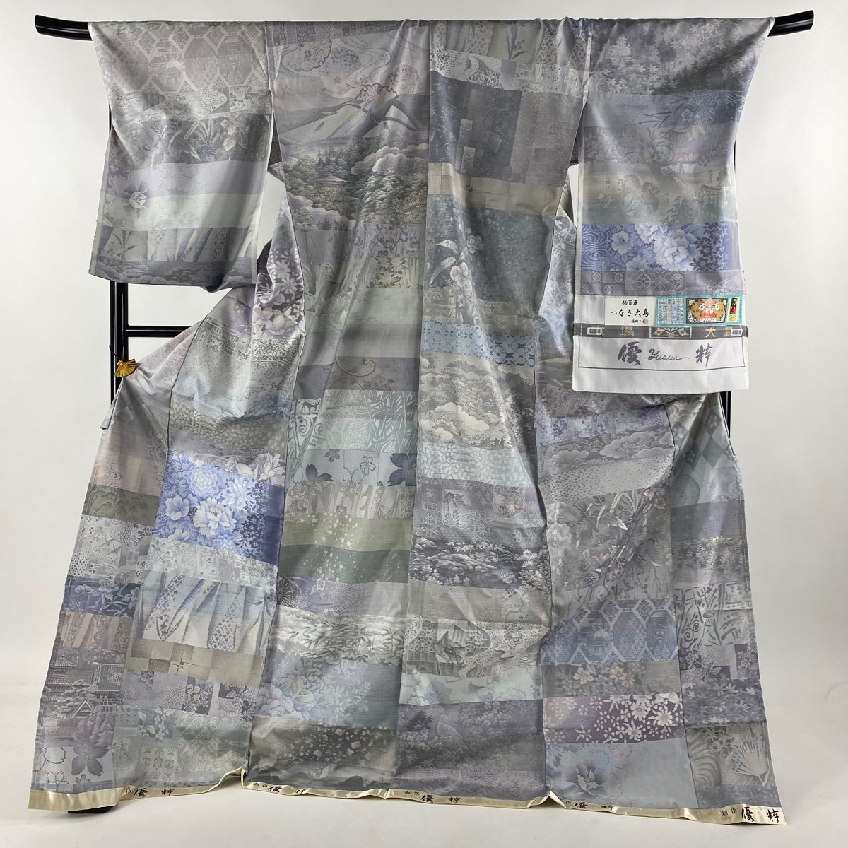 大島紬 身丈182cm 裄丈73.5cm 未仕立て 仮絵羽 証紙 草花 建物 灰紫 正絹