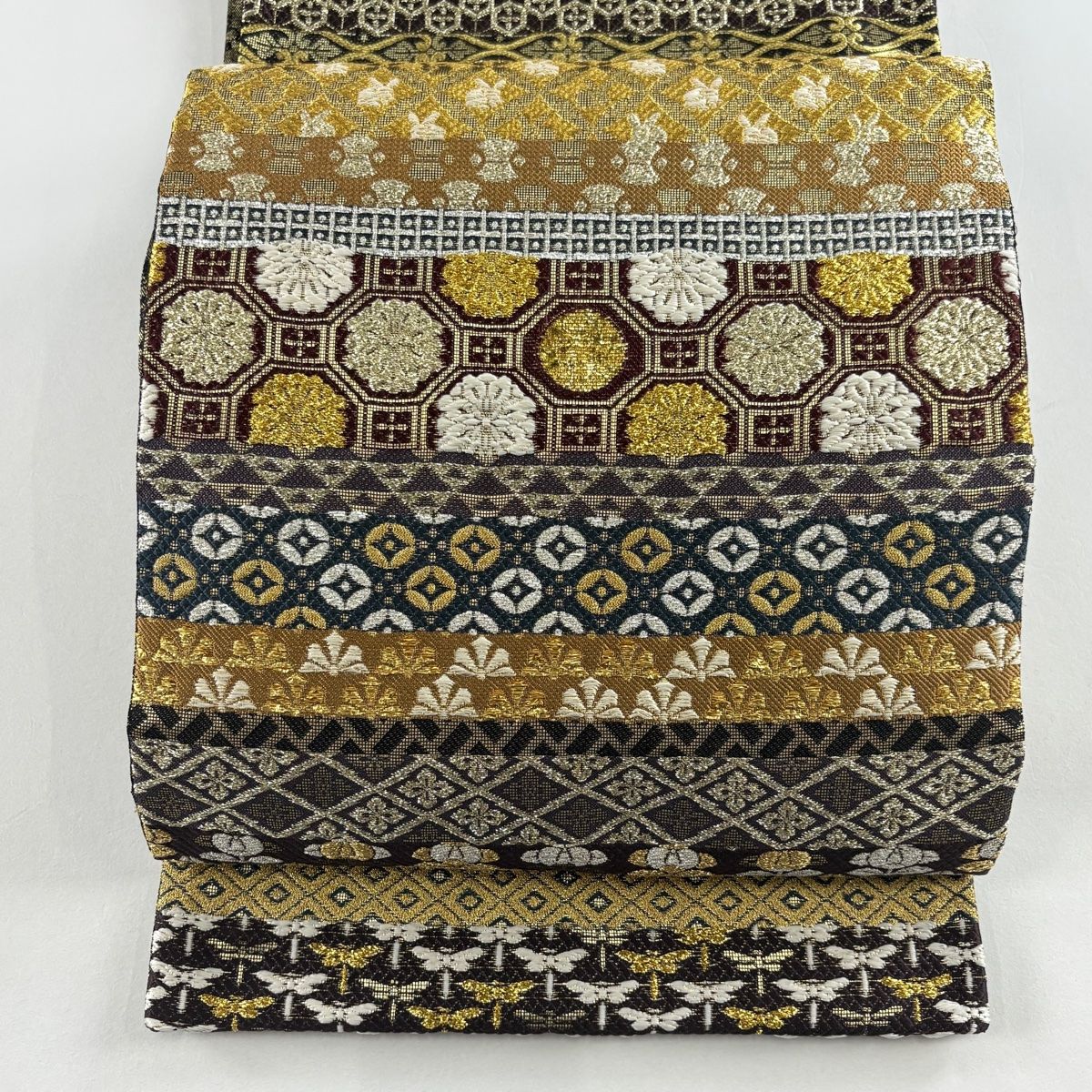 袋帯 誉田屋源兵衛 落款 誉文彫金 段縞 蜀江華文 金銀糸 箔 金茶 全通 正絹