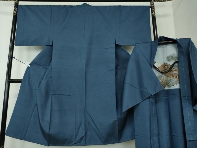 平和屋着物●男性 紬 アンサンブル 長羽織 色無地 紺地 正絹 DAAS3091ps
