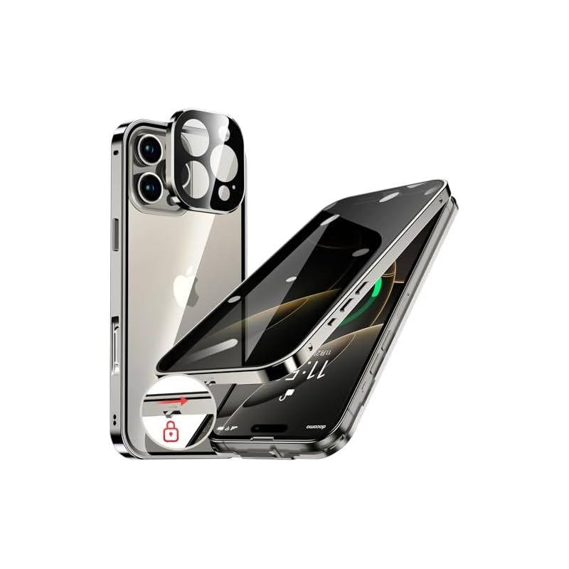 HGUTREY【覗き見防止・自動ポップアップボタン】 iPhone16 Pro Max 用 ケース ロック付き ストラップホール付き 一体型レンズ保護 両面9H強化ガラス iPhone16プロマックスケース 耐衝撃 アルミ バン