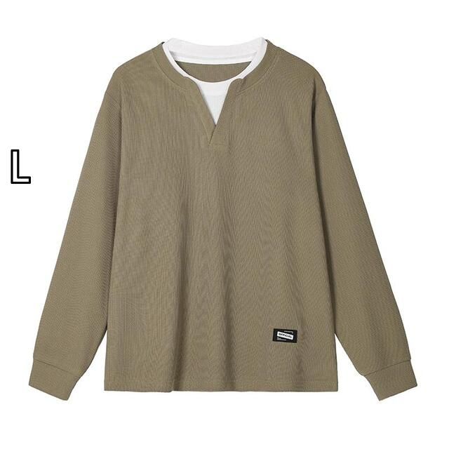 [L]メンズ ファッション 服 用 オシャレ シンプル 大人 かっこいい 大きいサイズ ストリート 紳士服 レトロ フェイク ツーピース ステッチ 長袖 Tシャツ ユニセックス ハイエンド ゆったり ト