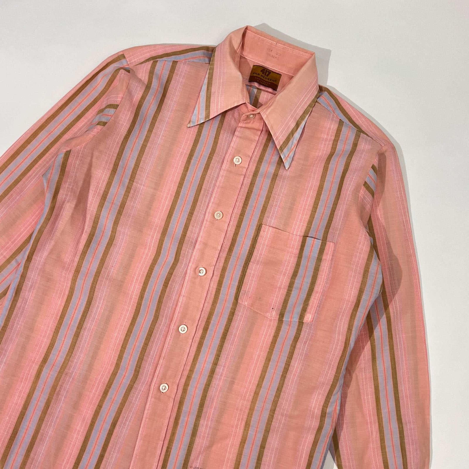 70s VAN HEUSEN 417 バンヒューゼン ストライプ 長袖シャツ 33/ピンク 