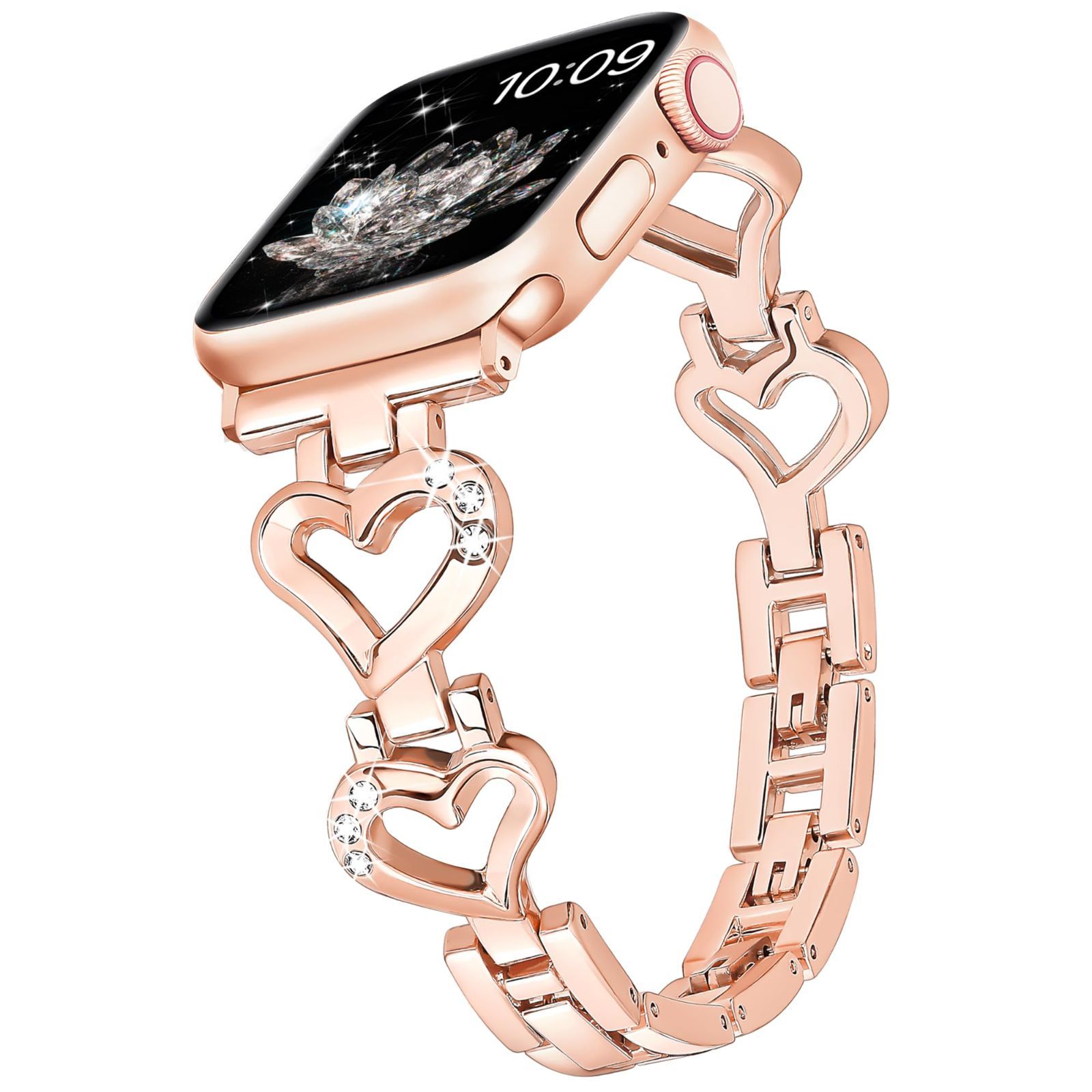 【Daturus】互換 アップルウォッチバンド Apple Watch バンド ハートの形 ダイヤモンド付き 金属ベルト iWatch series 9/8/SE/7/6/5/4/3/2/1対応 女性向け プレゼント 調節可能（ローズゴールド、41