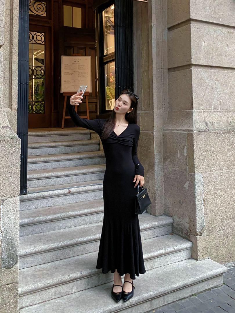 春コーデ ロングVネックワンピース