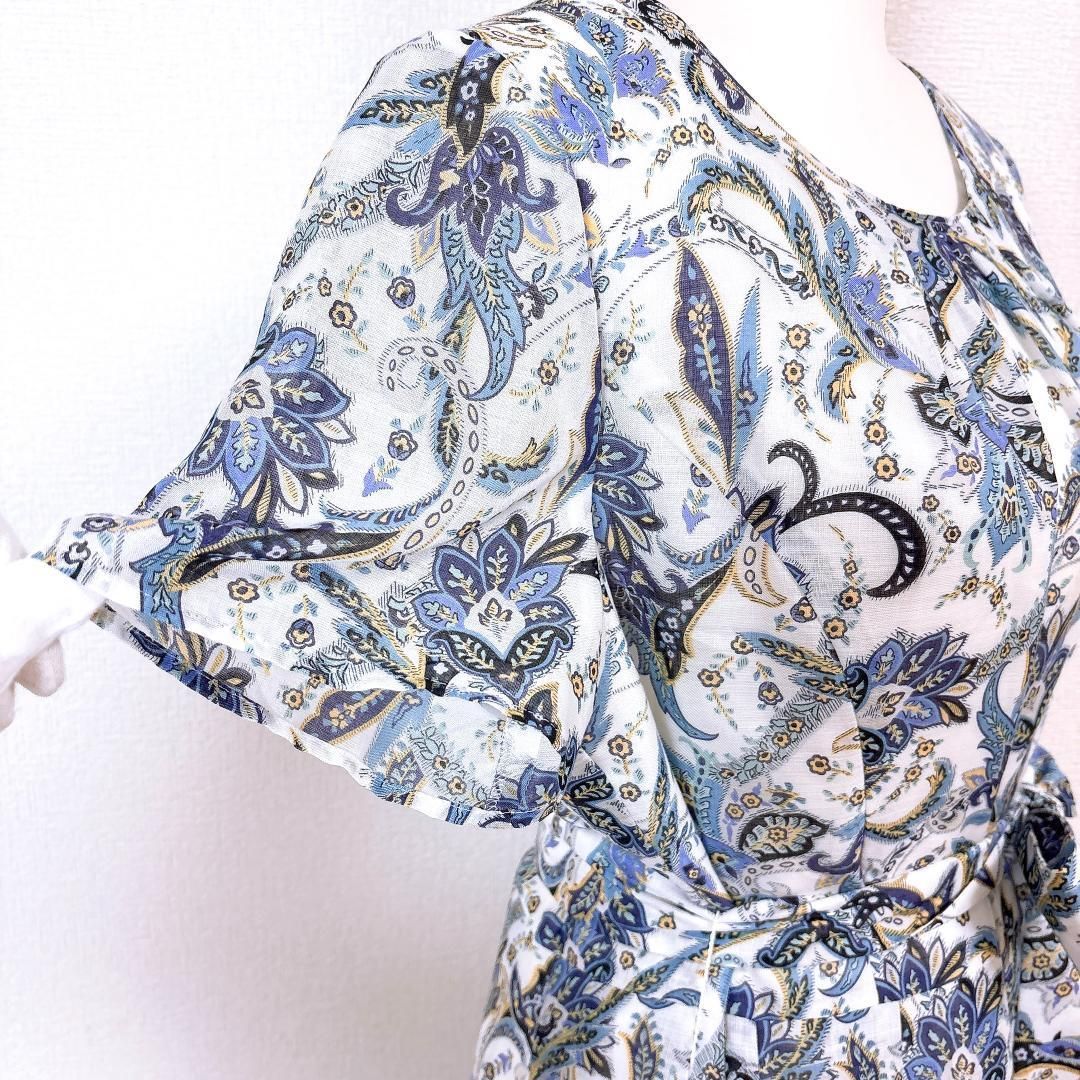 美品】レリアン 半袖ブラウスワンピース ウエスト紐 13+ 花柄 白×水色