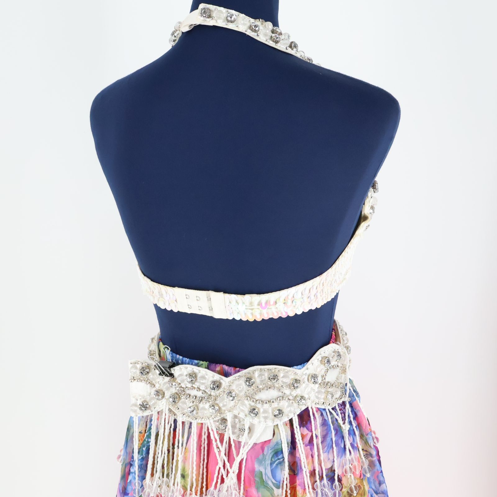 ベリーダンス用 オリエンタル衣装】ホワイト×ピンク スパンコールラメ