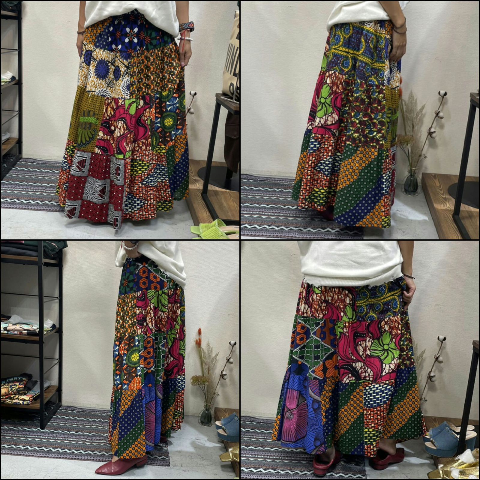 AFRICAN FABRIC パッチワークロングスカート ハンドクラフト エキゾチック模様 アフリカンバティック 更紗 ろうけつ染め 手工芸 民族衣装  エスニック柄 アフリカ雑貨 キテンゲ パーニュ コーデ ボトムス レディース F フリーサイズ 新品タグ付き - メルカリ