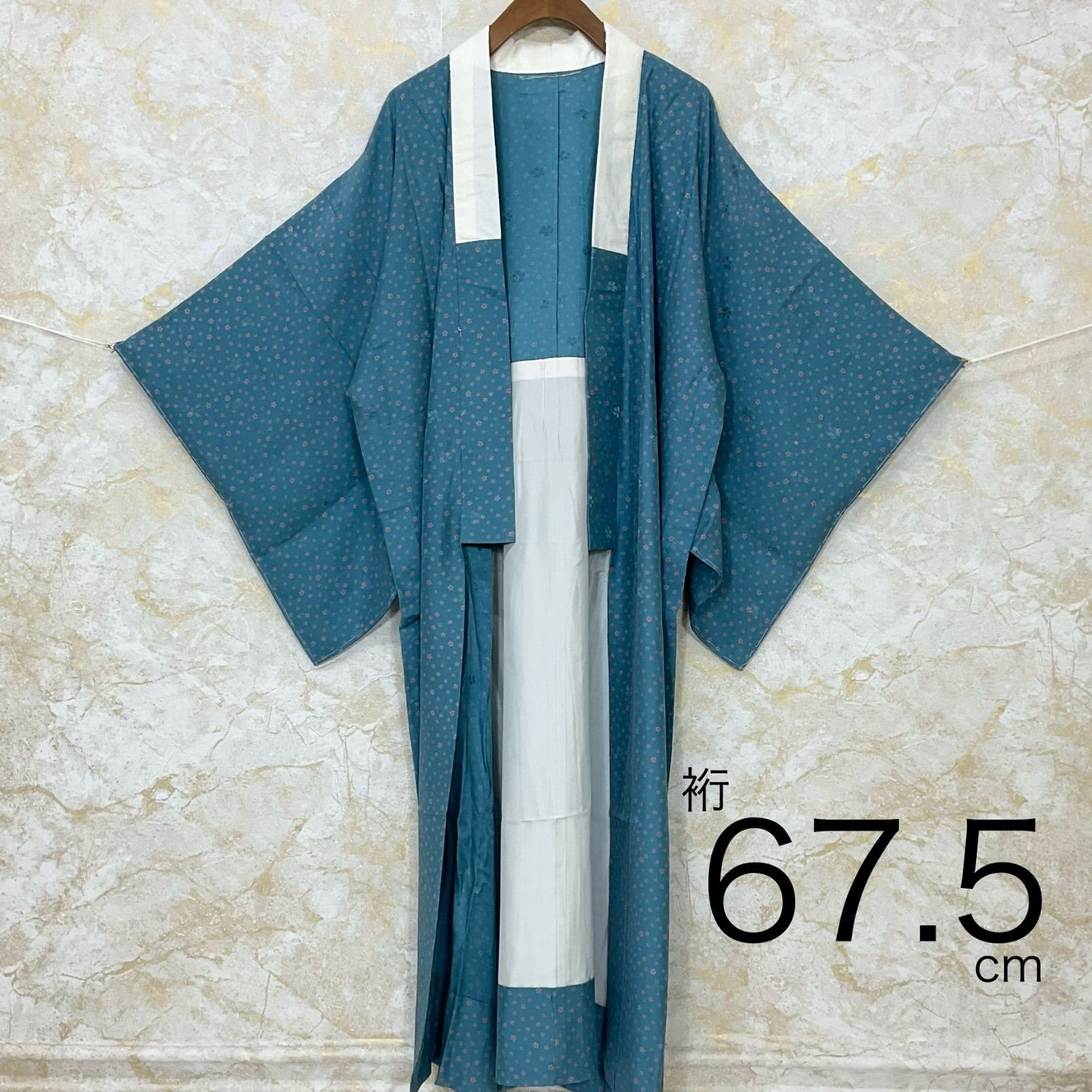 kimono+one◆未使用同然◆綺麗な色の長襦袢◆仕付け糸付き◆単衣◆（株）たけなか◆裄長◆居敷当て付き◆衣紋抜き付き◆ターコイズブルー◆桜◆裄67.5肩丈129◆小紋紬附下訪問着留袖袷単衣夏着物◆K1180