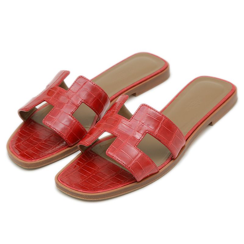 エルメス オラン フラットサンダル レザー アリゲーター レッド 38