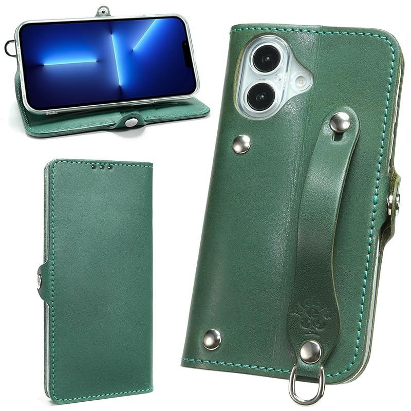 新品　EFGS iPhone 16 手帳型 ケース 栃木グリーン MSポケット 【右開き】 iPhone16 と互換性のある ケース TPU 栃木レザー 革 本革 日本製 リッキーズ