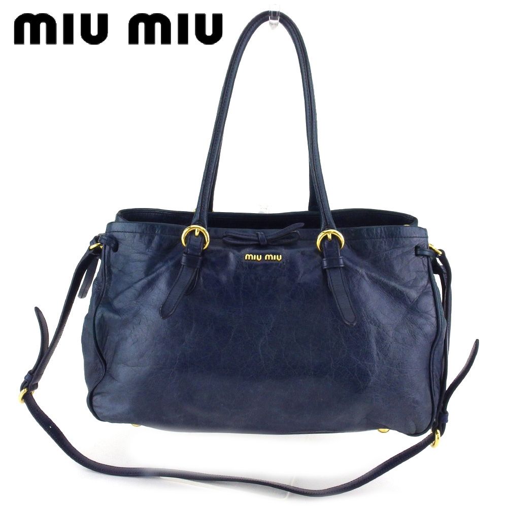 【希少❗️】miu miu ハンドバッグ リボン付き ネイビー ショルダーバッグ ミュウ ミュウ Miu Miu リボン ショルダーバッグ レザー
