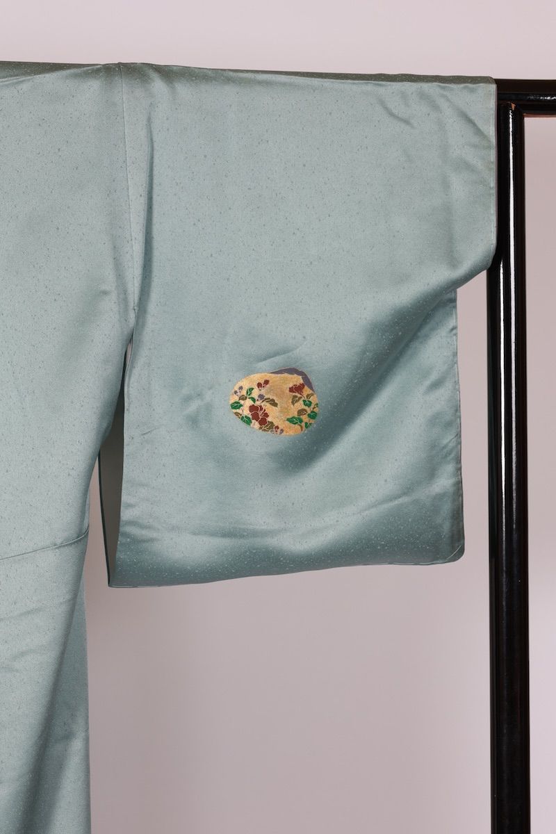 訪問着 ブルーグレー ゴールド 紫 グリーン 白 茶 貝合わせ 花 波 T514  